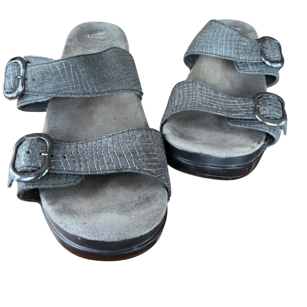 Dansko Sophie Gray Leather Embossed Buckle Slide Wedge Sandals EU 40 US 9.5-10